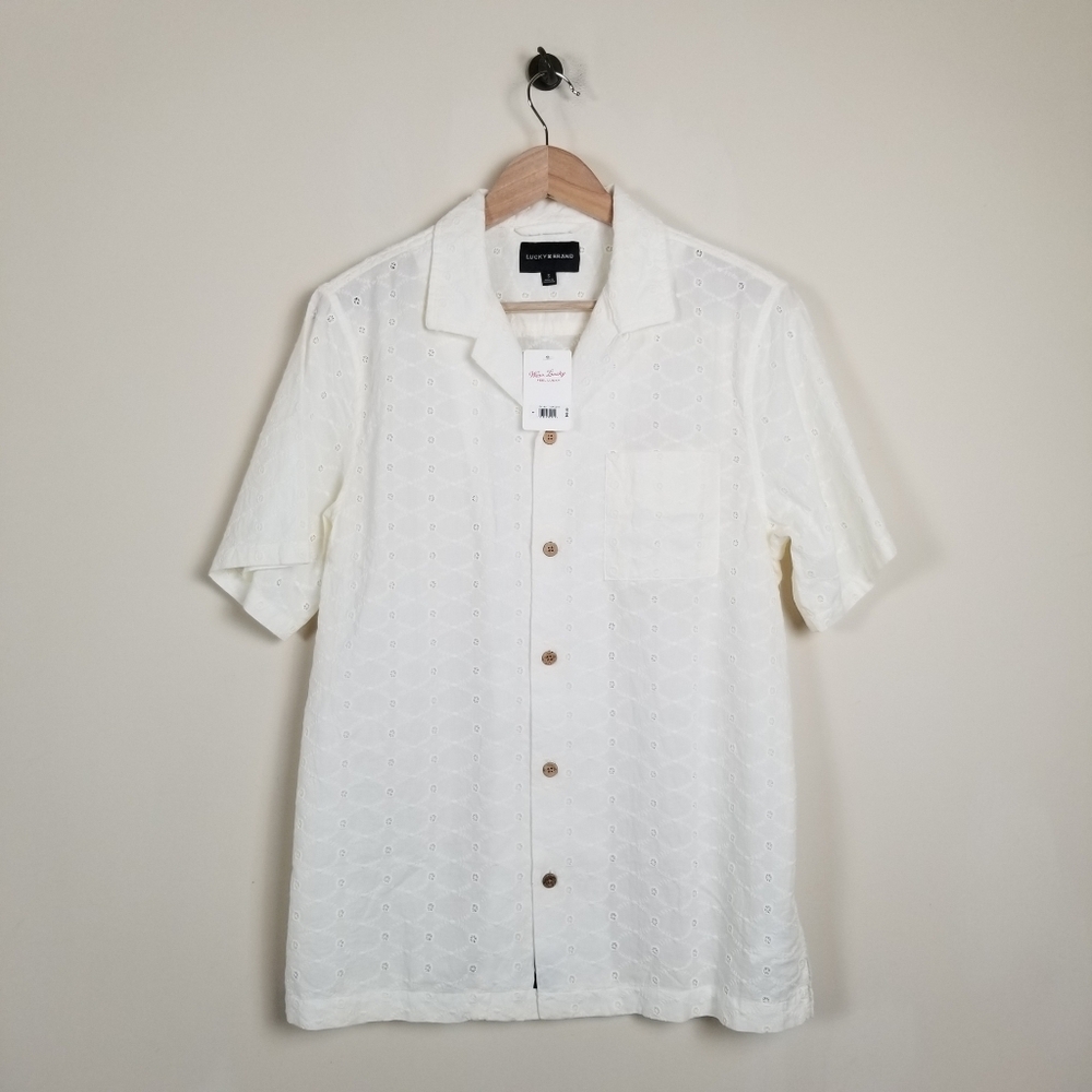 Lucky Brand Men's Camp Collar Embroidered Eyelet Short Sleeve Shirt Small NWT